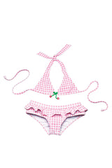 Lilo Tati Gingham Cherry Halter Ruffle Bikini Pink