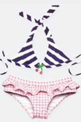 Lilo Tati Girls Halter Ruffle 2-Piece Purple Stripe/Pink Gingham